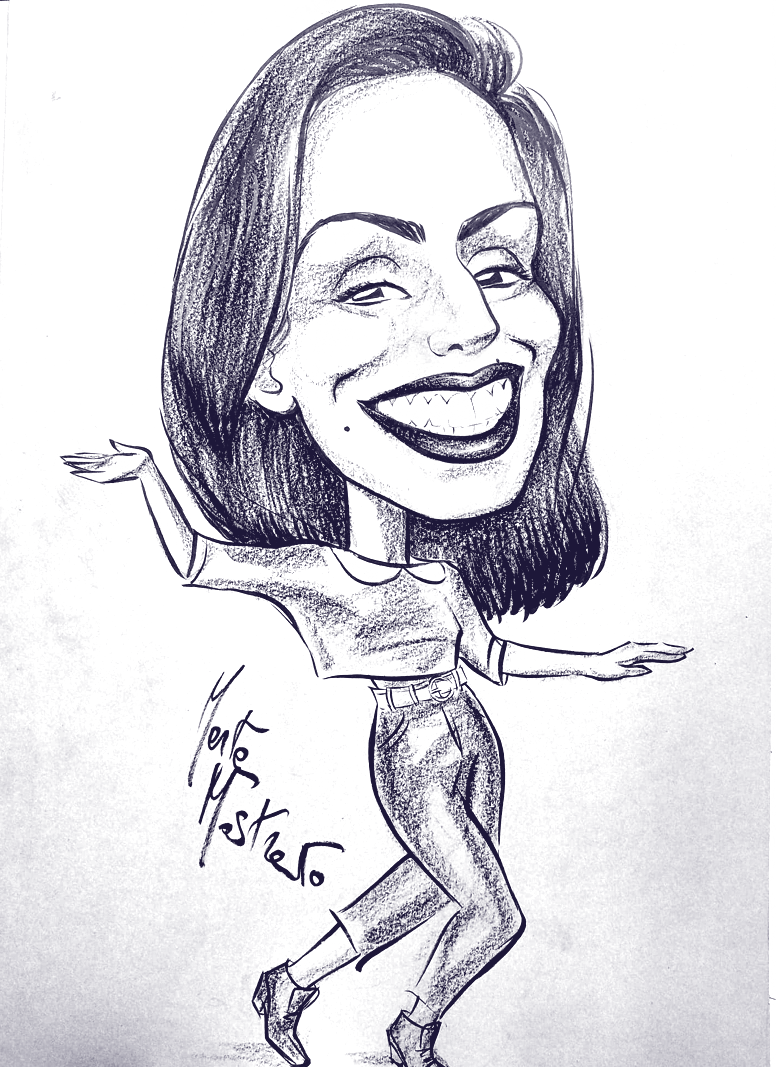 Caricatura di Lylya Ferraro: capelli lunghi e sorriso aperto, ritratta con le braccia distese mentre balla
