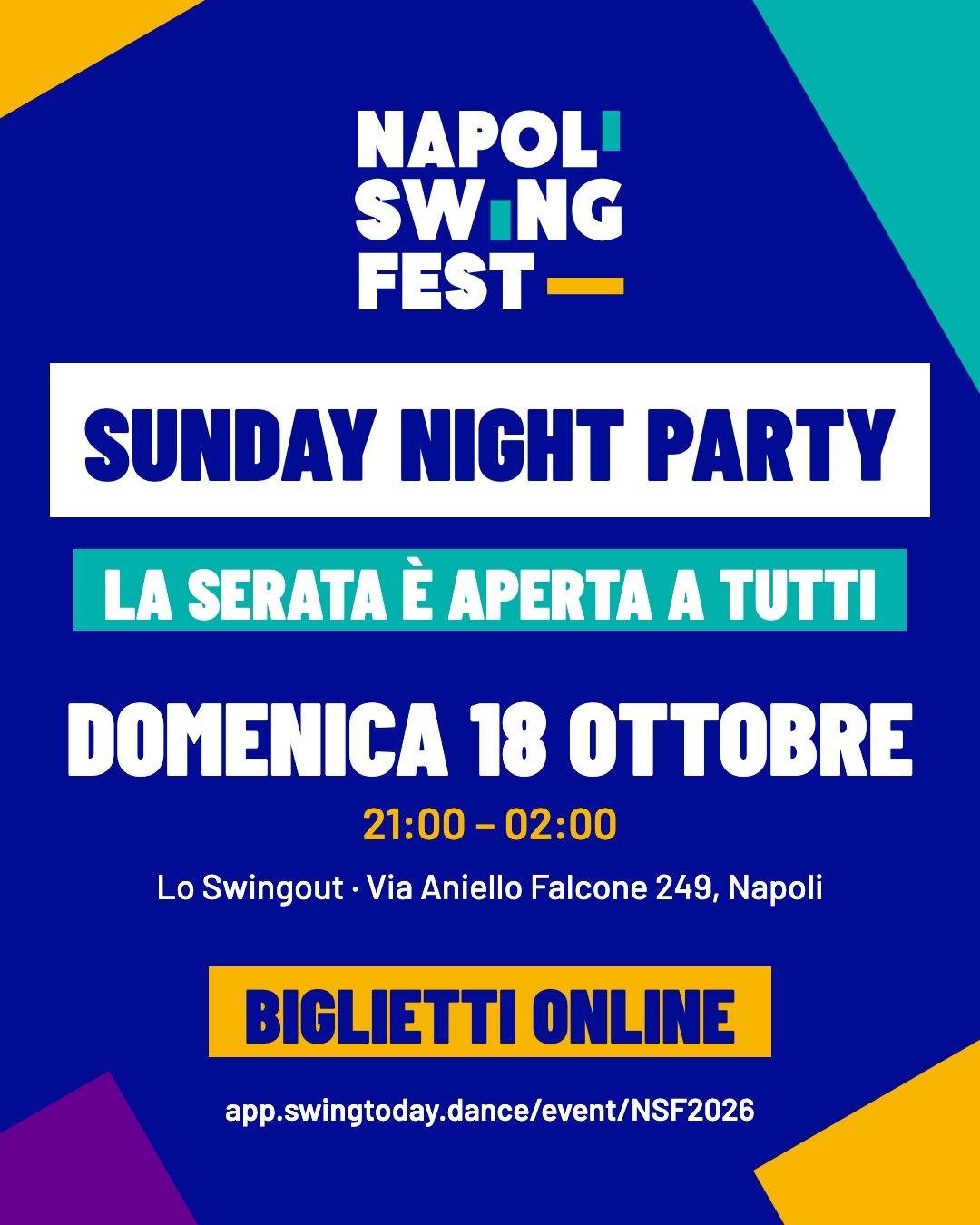 Locandina del Sunday Night Party del Napoli Swing Fest, domenica 18 ottobre allo Swingout