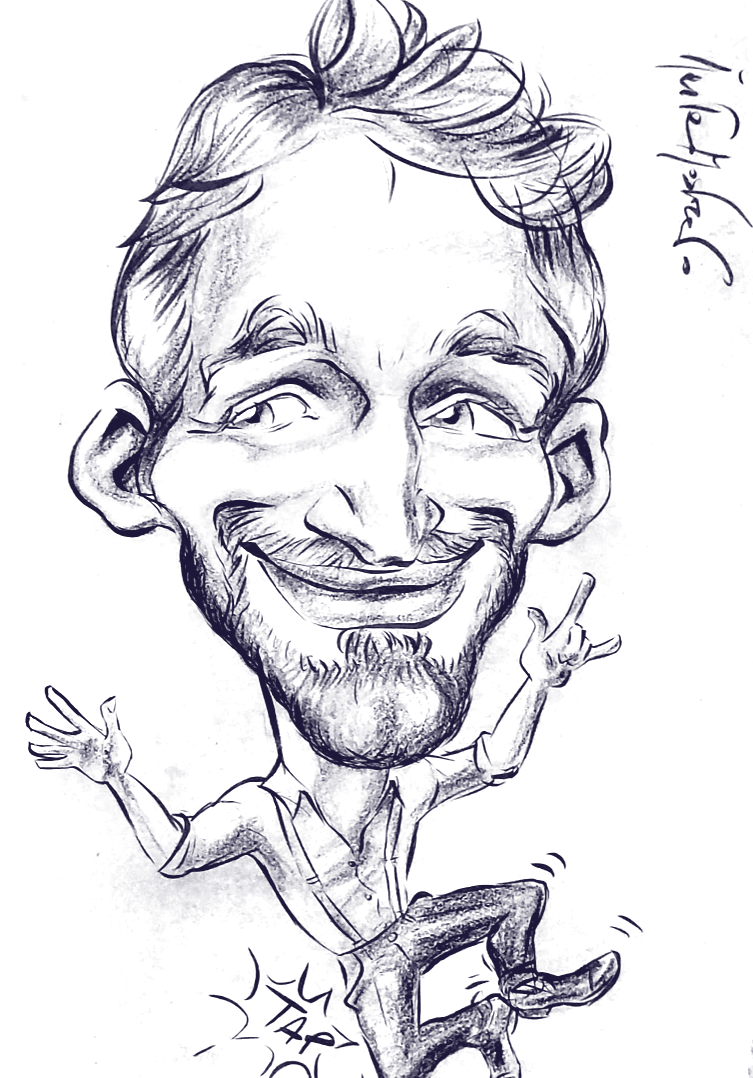 Caricatura di Ottavio Sgrosso: capelli raccolti, barba e sorriso ampio, ritratto mentre balla