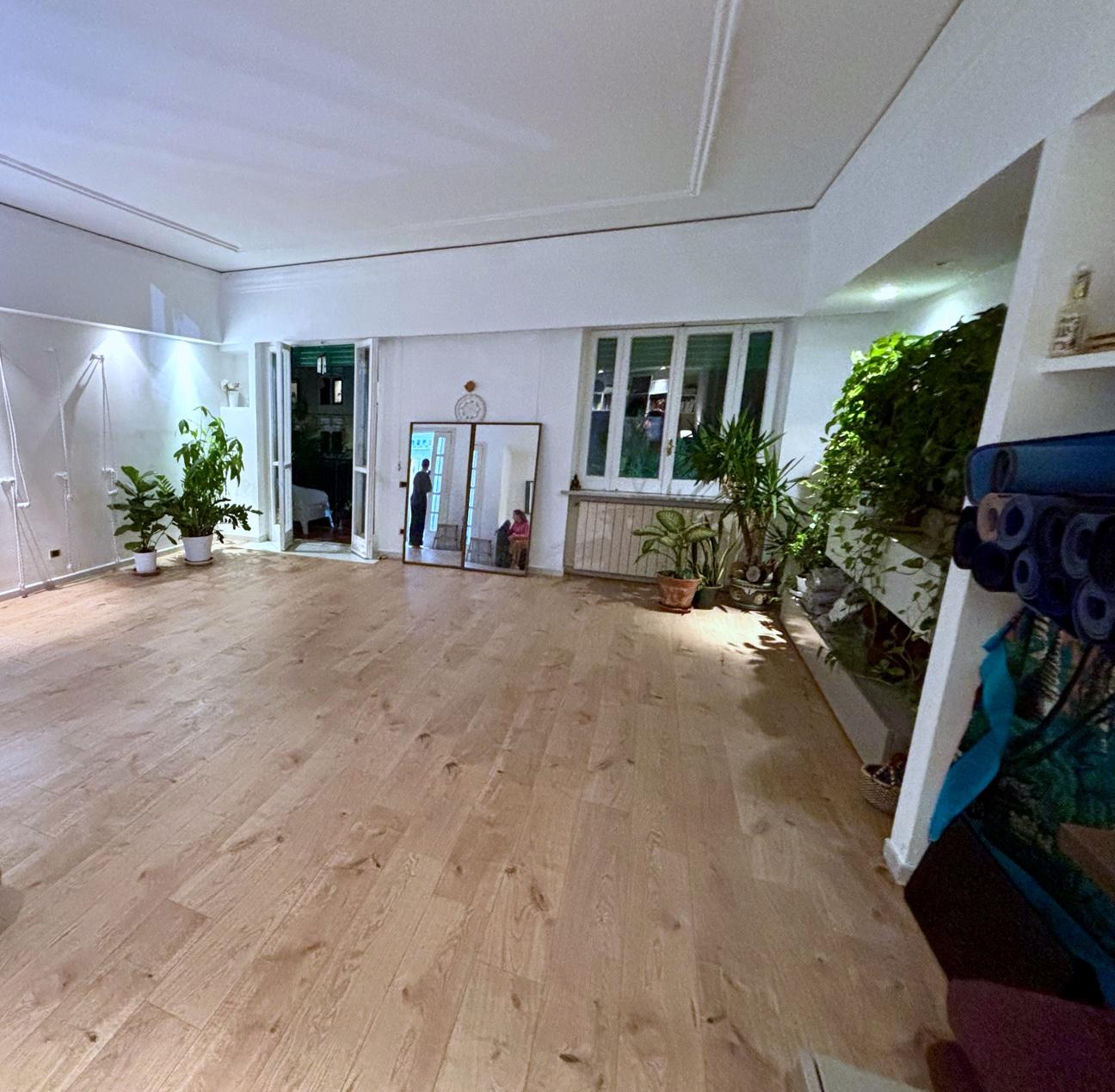 La sala di Shakti: parquet chiaro, pareti bianche, piante e specchi sul fondo